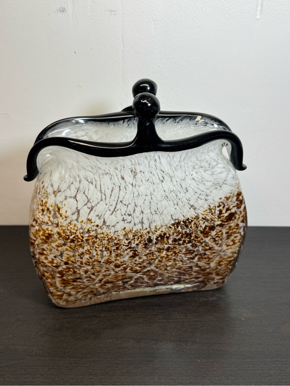 Vintage Murano Style Art Glass Brown And White Handbag Vase